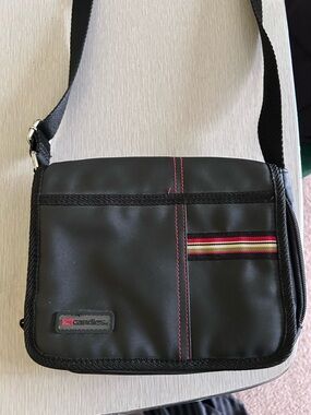 Candie's Black Messenger Bag with Red Accent and Striped Trim